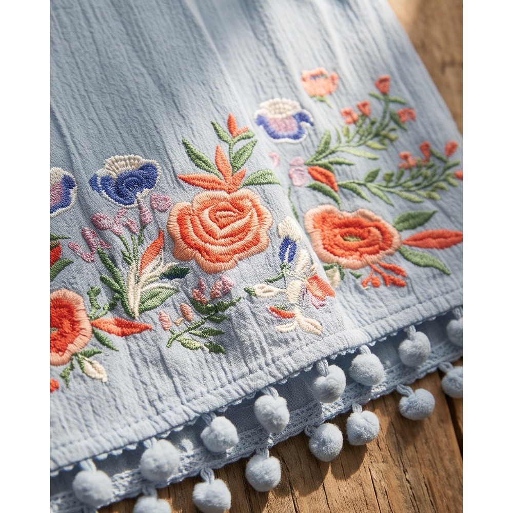 Umgee S Boho Floral Embroidered Pom Pom Trim Tunic Top Blue Small A3096 - Picture 12 of 13